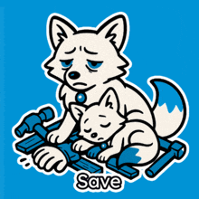 a cartoon of a dog and a cat with the word save underneath