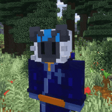 a minecraft character wearing a blue and white helmet