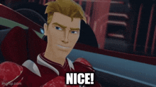 a cartoon character is sitting in a car with the words `` nice '' written on his face .