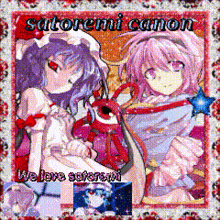 a picture of two anime girls with the words " satoremi canon " at the top
