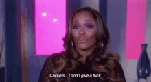 a woman is standing in front of a pink wall and saying `` crickets ... i don t give a fuck '' .