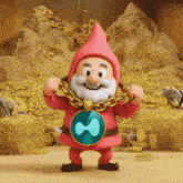 a gnome wearing a chain around his neck is standing in front of a pile of gold coins