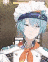 a close up of a person wearing a chef 's hat and a chef 's coat .