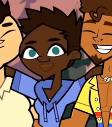 a group of cartoon characters are posing for a picture and one of them has the letter m on his shirt