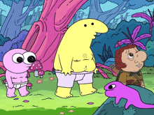 a group of cartoon characters standing next to each other in a field