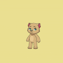 a cartoon cat with a pink ear and blue eyes is standing on a yellow background
