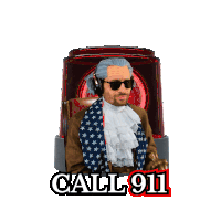 a man in an american flag costume is talking on a telephone with the words call 911 written below him
