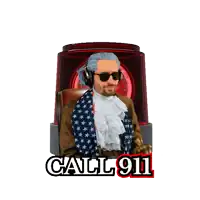a man in an american flag costume is talking on a telephone with the words call 911 written below him