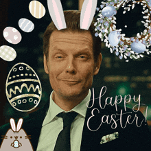 a man with bunny ears on his head and the words happy easter
