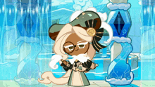 a cartoon character wearing glasses and a hat is standing in front of a waterfall