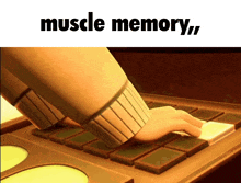 a cartoon hand is typing on a keyboard with the words muscle memory below it
