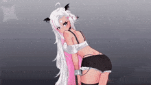 a girl with white hair and pink ears is wearing shorts