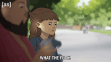 a cartoon of a girl saying what the fuck in a park