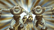 two monsters are standing next to each other with sharp claws on their feet