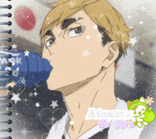 a drawing of a man drinking from a blue bottle with the word atsushi on the bottom right