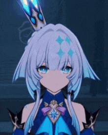 a girl with white hair and blue eyes is wearing a crown and a blue dress .