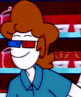 a cartoon character wearing 3d glasses and a blue shirt is smiling