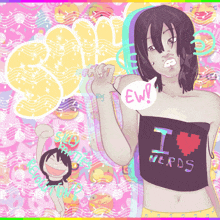 a drawing of a girl wearing an i love nerds shirt