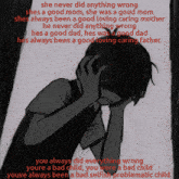 a black and white drawing of a boy with the words she never did anything wrong on it