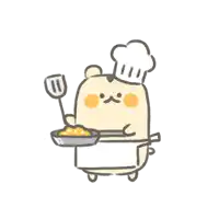 a cartoon bear wearing a chef 's hat and apron is holding a pan and spatula