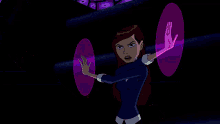 a cartoon character with a purple light coming out of her hands