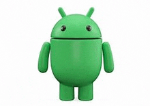 a green android figurine with black eyes is standing on a white background .