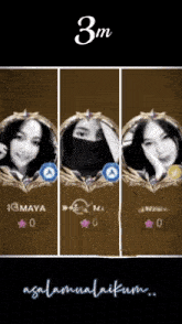 three images of a girl with the number 3m on the top
