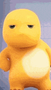 a yellow cartoon character with green eyes is standing in front of a purple background .