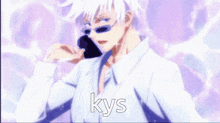 a man in a white shirt is talking on a cell phone and the word kys is on the bottom of the image