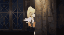a girl with long blonde hair is standing in a dark room