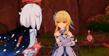 two anime characters are standing next to each other with their arms crossed in a field