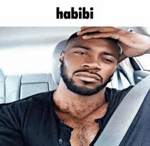 a man with a beard is sitting in a car with the word habibi on the top