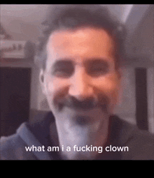 a man with a mustache is smiling and says what am i a fucking clown .