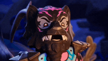 a close up of a lego character with a very angry face