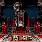 a video game scene with a lion on a throne and the words 1v1 me below it