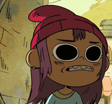 a cartoon of a girl wearing a red beanie making a funny face