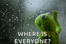 kermit the frog looking out a window with the words " where is everyone "