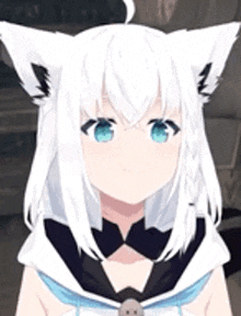 a close up of a anime girl with white hair and blue eyes