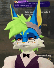 a furry character with glasses and a bow tie says " happy birthday to you "