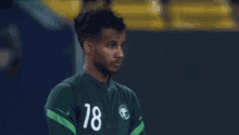 a soccer player in a green jersey with the number 18 on it