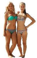 two women in bikinis stand next to each other on a white background