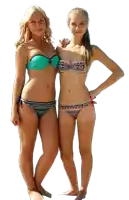 two women in bikinis stand next to each other on a white background