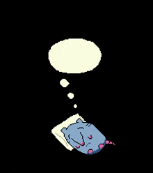 a pixel art drawing of a cat sleeping on a pillow with a thought bubble above it