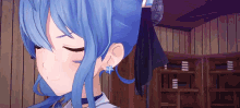 a girl with blue hair is standing in a room