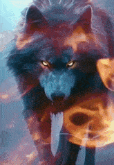a painting of a wolf surrounded by fire