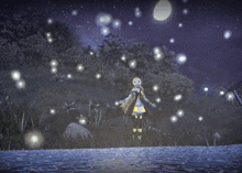 a girl in a yellow dress is standing in a field with fireflies flying around her
