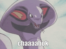 a purple snake with its tongue out and the words chaaaabok below it