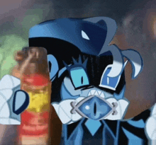 a cartoon character with a crown on his head is holding a bottle and a cup .