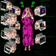 a woman in a pink robe is surrounded by a bunch of heads