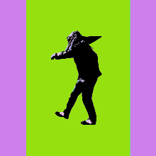 a black and white drawing of a woman walking on a green background